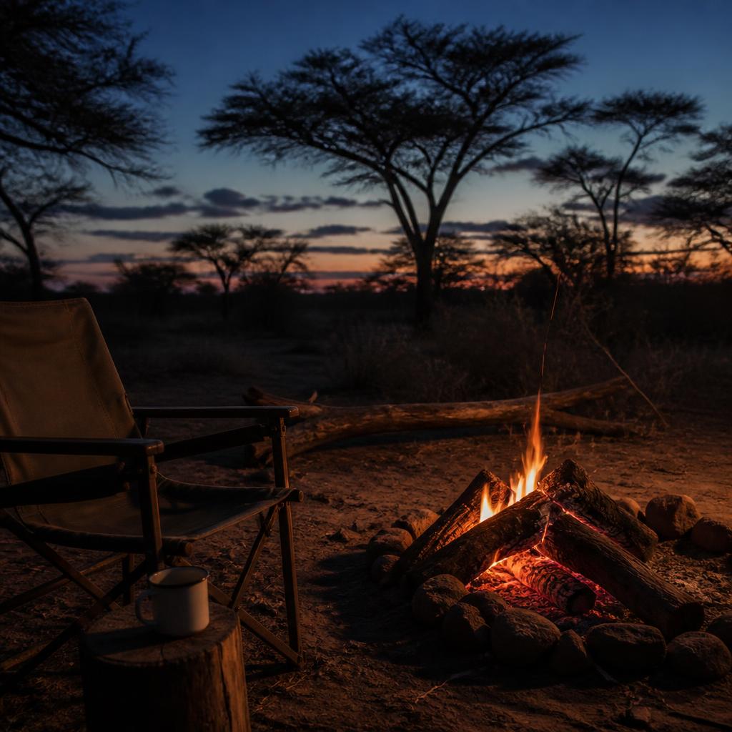 Camp fire glowing at dusk