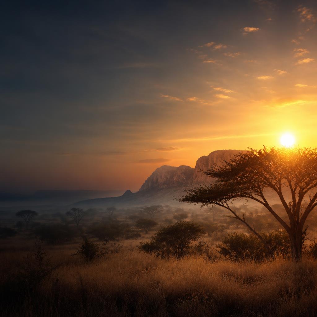 Golden bushveld landscape at sunrise